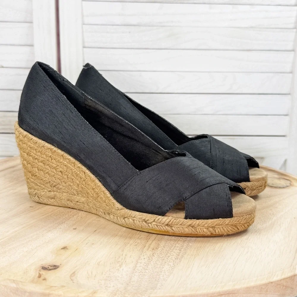 White Mountain Dupioni Fabric Peep‎ Toe Espadrille Wedge Heels Black 9